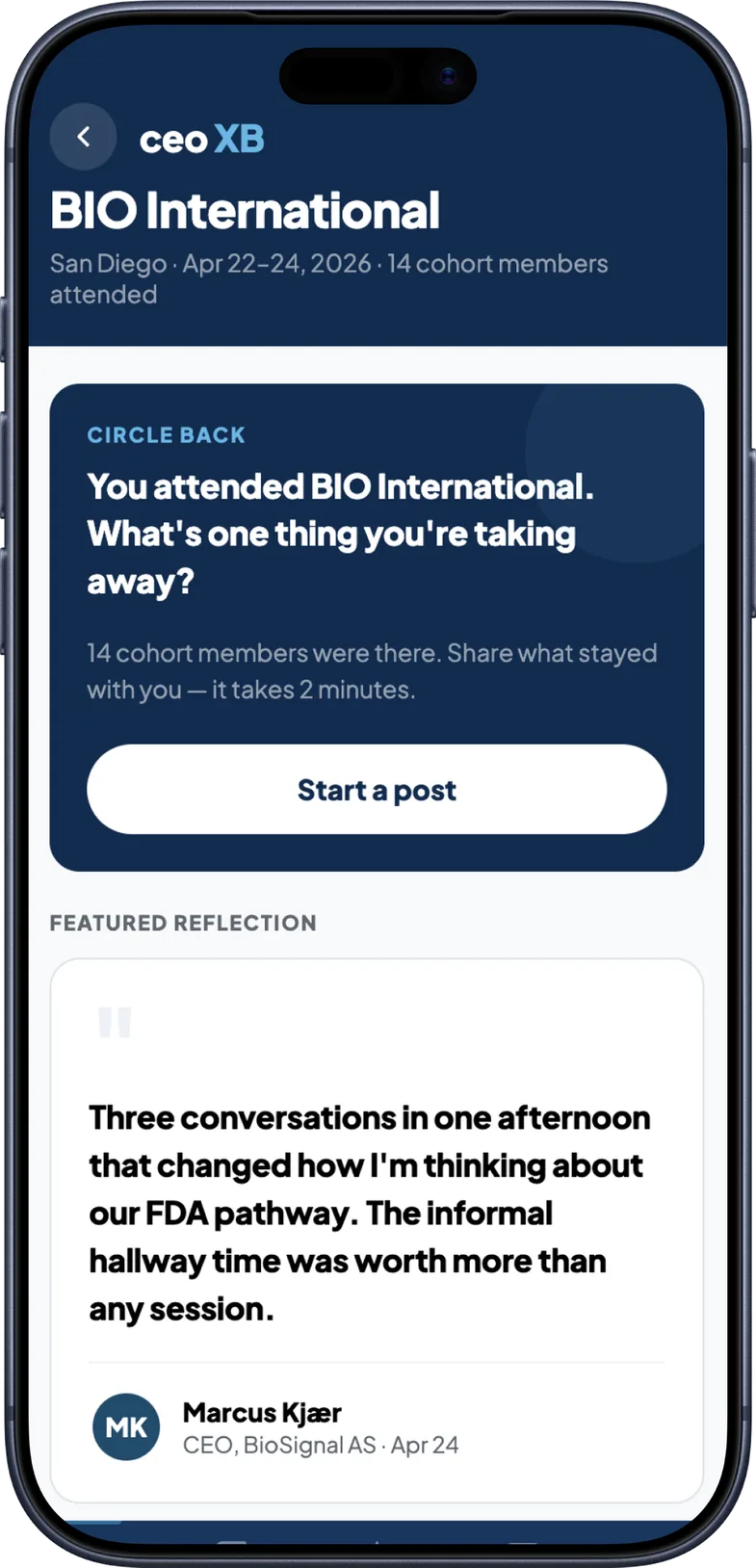 Circle Back prototype asking what one thing you are taking away from BIO International, above a featured reflection from a cohort member